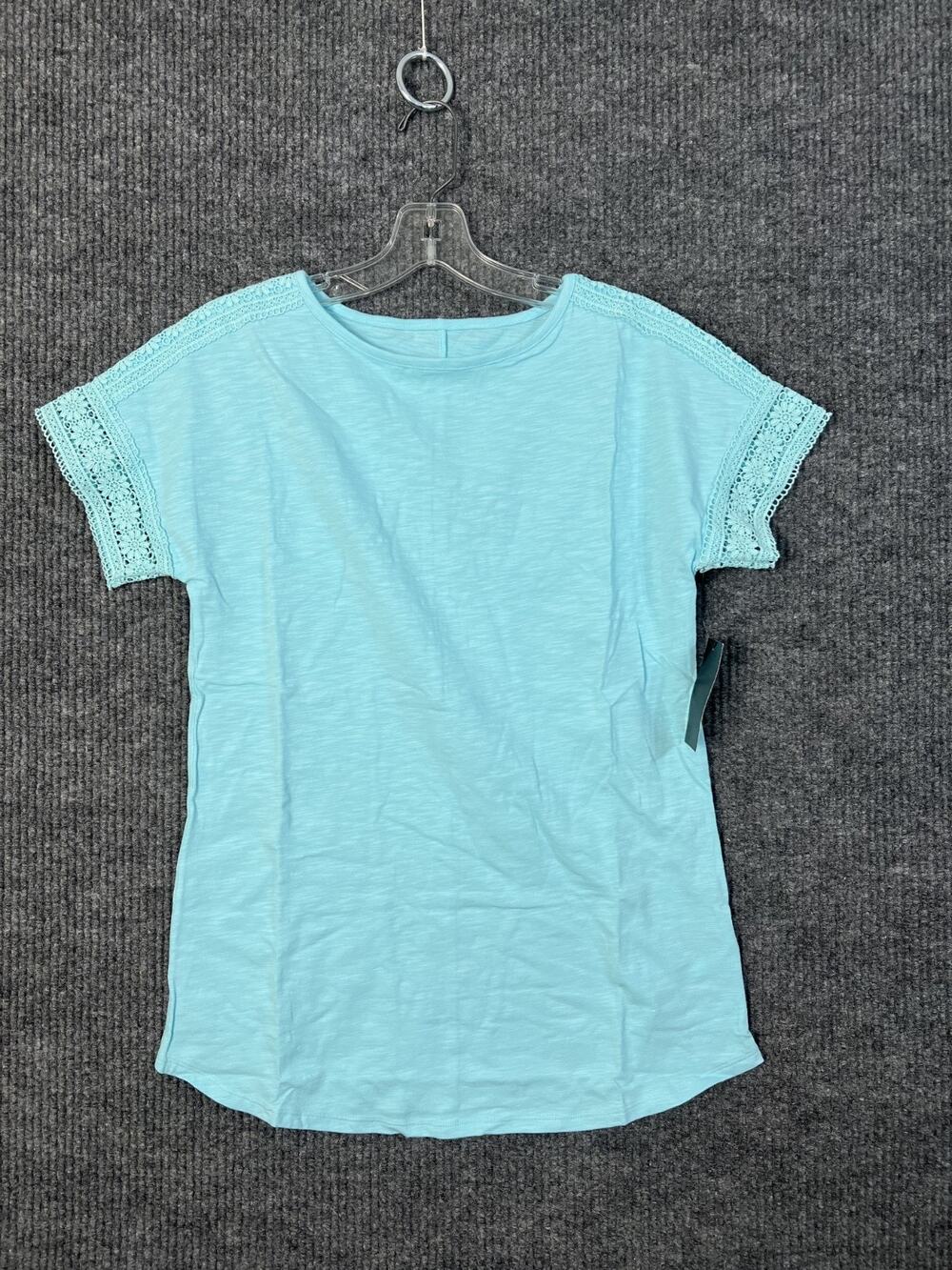 Denim & Co. Tunic Womens XXS Blue Boho Short Sleeve Lace Trim Casual Summer